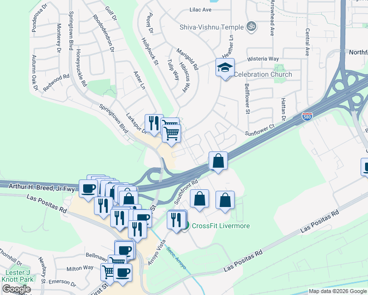 map of restaurants, bars, coffee shops, grocery stores, and more near 830 Las Flores Road in Livermore