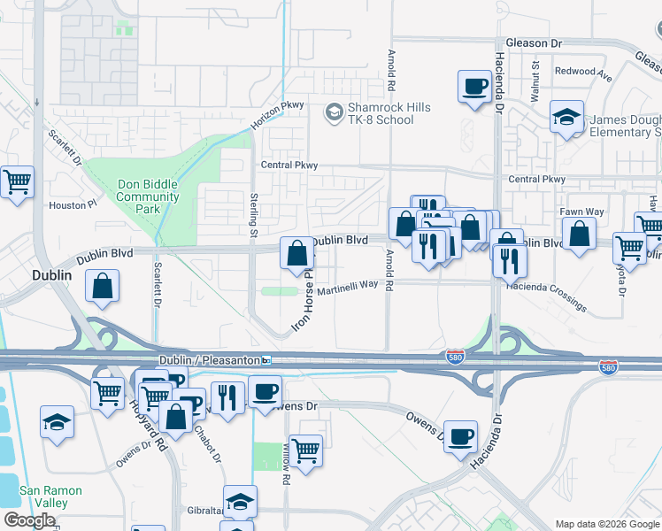 map of restaurants, bars, coffee shops, grocery stores, and more near 5312 Campus Drive in Dublin
