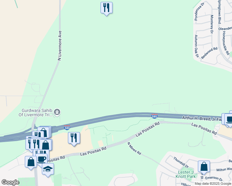 map of restaurants, bars, coffee shops, grocery stores, and more near 2 North Mines Road in Livermore