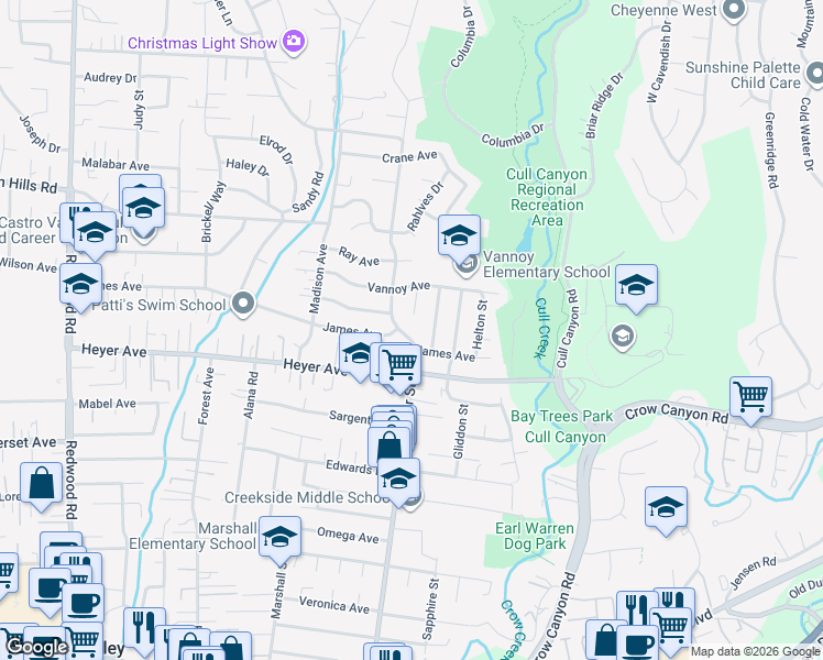 map of restaurants, bars, coffee shops, grocery stores, and more near 19070 Center Street in Castro Valley