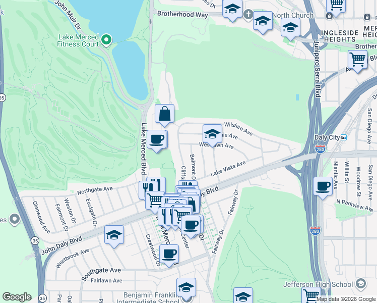 map of restaurants, bars, coffee shops, grocery stores, and more near 60 Cliffside Drive in Daly City