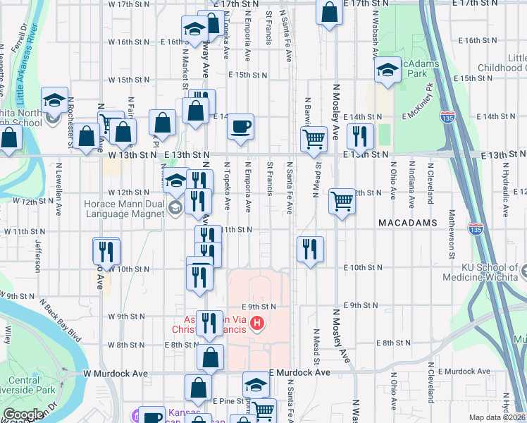 map of restaurants, bars, coffee shops, grocery stores, and more near 1237 North Saint Francis Street in Wichita