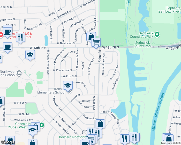 map of restaurants, bars, coffee shops, grocery stores, and more near 1213 Brunswick Street in Wichita