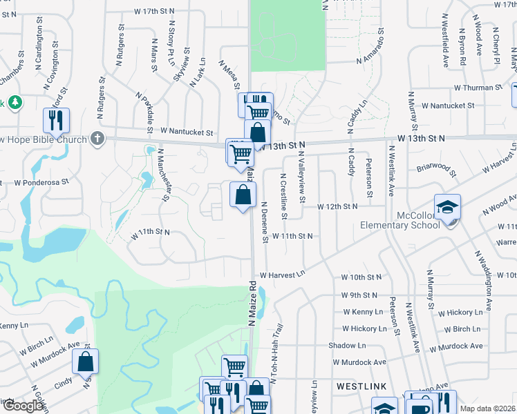 map of restaurants, bars, coffee shops, grocery stores, and more near 1102-1398 North Maize Road in Wichita