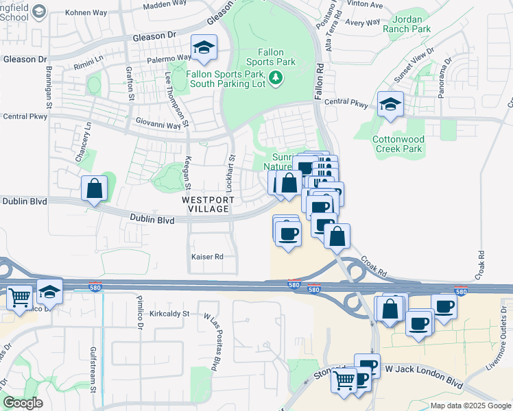 map of restaurants, bars, coffee shops, grocery stores, and more near 2958 Stringham Way in Dublin