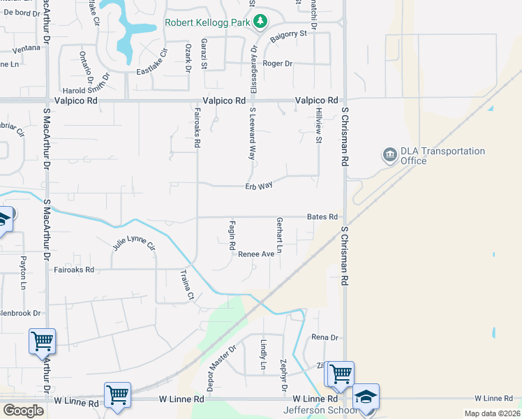 map of restaurants, bars, coffee shops, grocery stores, and more near 7855 Bates Road in Tracy