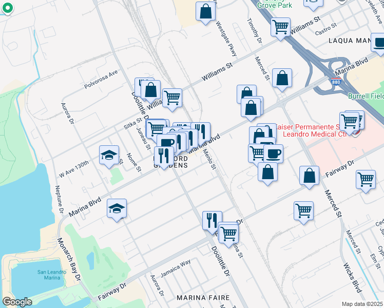map of restaurants, bars, coffee shops, grocery stores, and more near 2070 Marina Boulevard in San Leandro