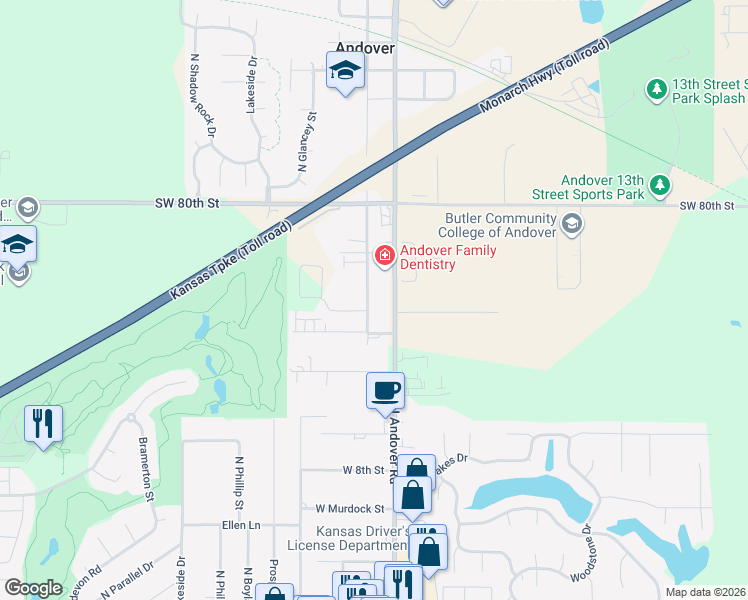 map of restaurants, bars, coffee shops, grocery stores, and more near 1115 North Andover Road in Andover