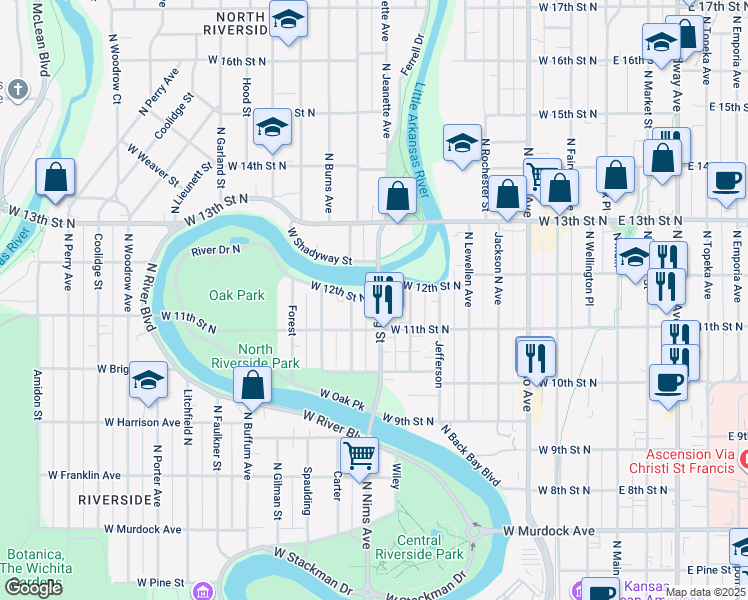 map of restaurants, bars, coffee shops, grocery stores, and more near 907 West 12th Street North in Wichita