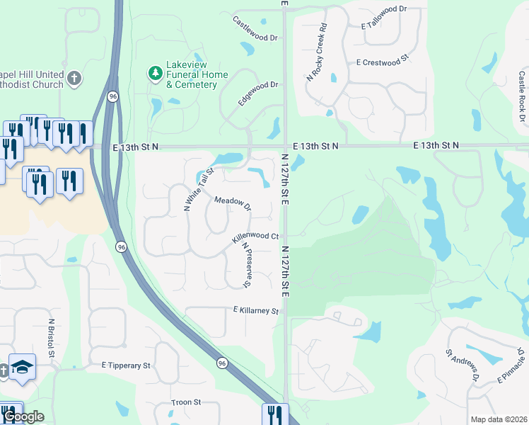 map of restaurants, bars, coffee shops, grocery stores, and more near 12600 East Meadow Court in Wichita