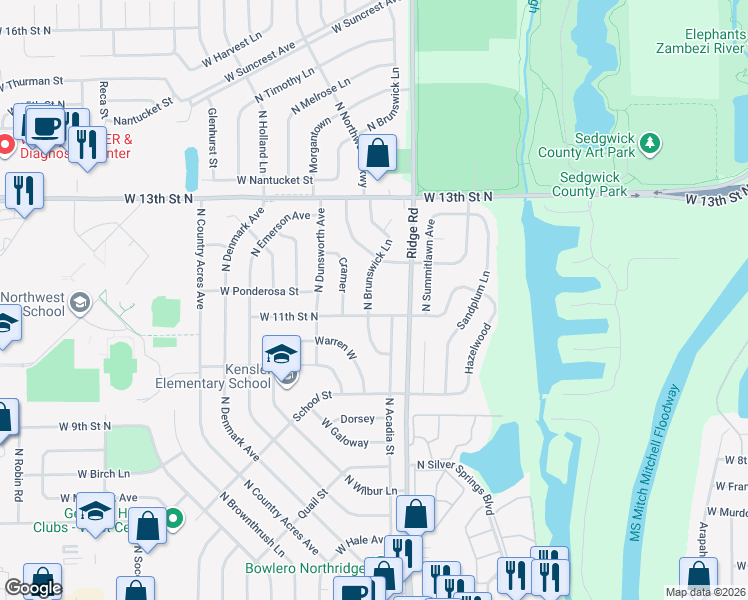 map of restaurants, bars, coffee shops, grocery stores, and more near 1213 Brunswick Street in Wichita