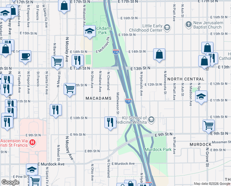 map of restaurants, bars, coffee shops, grocery stores, and more near 1236 North Cleveland in Wichita