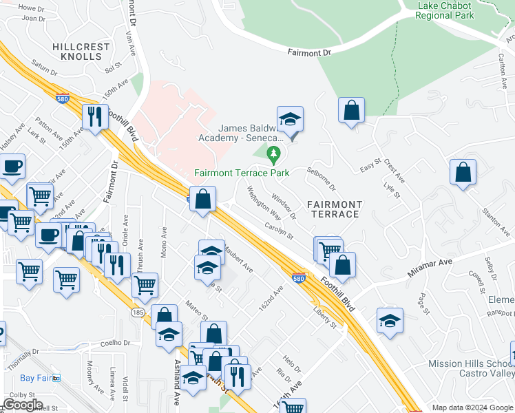 map of restaurants, bars, coffee shops, grocery stores, and more near 15997 Wellington Way in San Leandro