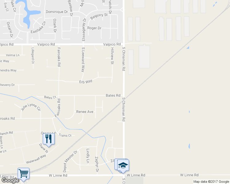 map of restaurants, bars, coffee shops, grocery stores, and more near 7583 Bates Road in Tracy