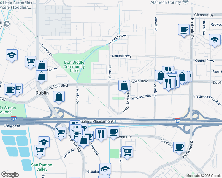 map of restaurants, bars, coffee shops, grocery stores, and more near 5501 Elan Way in Dublin