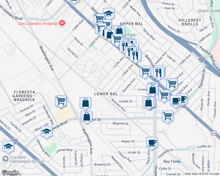 map of restaurants, bars, coffee shops, grocery stores, and more near 1227 Lillian Avenue in San Leandro