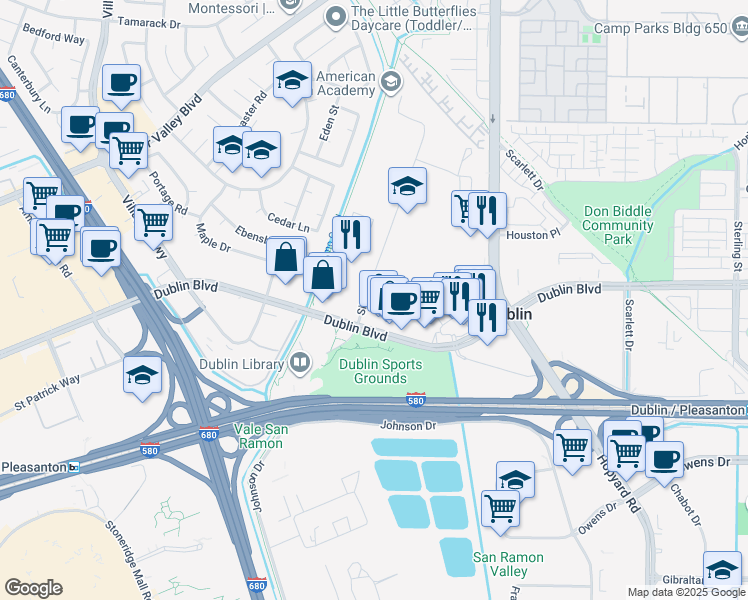 map of restaurants, bars, coffee shops, grocery stores, and more near 6291 Sierra Court in Dublin