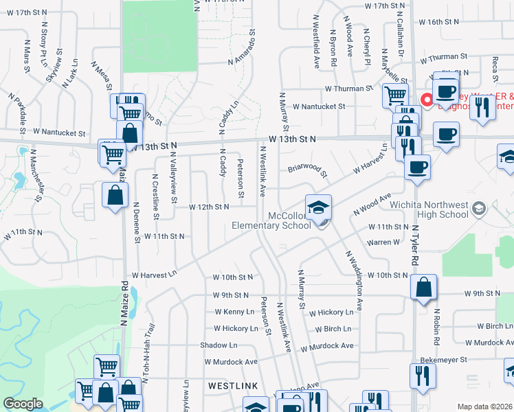 map of restaurants, bars, coffee shops, grocery stores, and more near 9700 West 12th Street North in Wichita