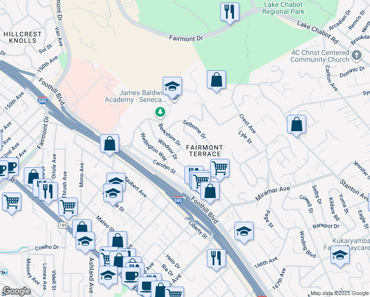 map of restaurants, bars, coffee shops, grocery stores, and more near 16108 Berkshire Drive in San Leandro