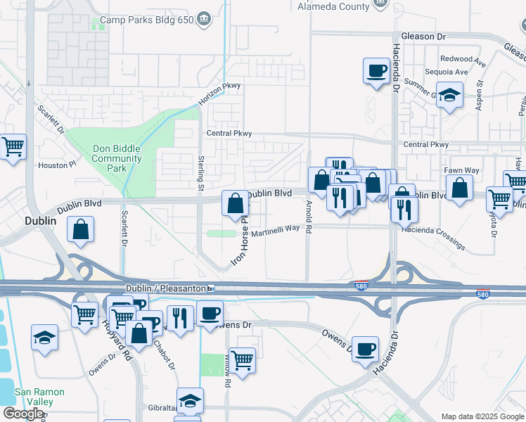 map of restaurants, bars, coffee shops, grocery stores, and more near 5320 Campus Drive in Dublin