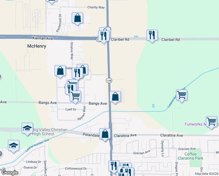 map of restaurants, bars, coffee shops, grocery stores, and more near 4472-4606 California 108 in Modesto