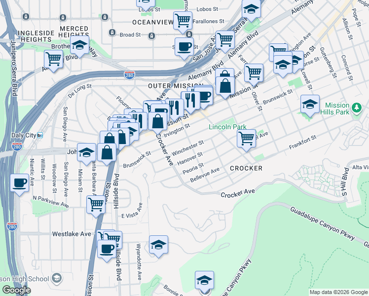 map of restaurants, bars, coffee shops, grocery stores, and more near 1155 Brunswick Street in Daly City