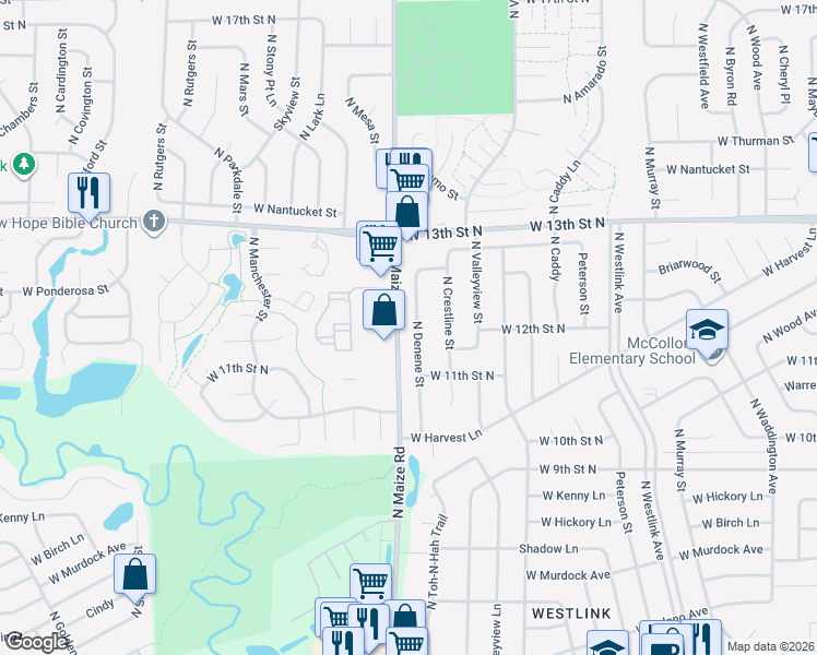 map of restaurants, bars, coffee shops, grocery stores, and more near 1102-1398 North Maize Road in Wichita