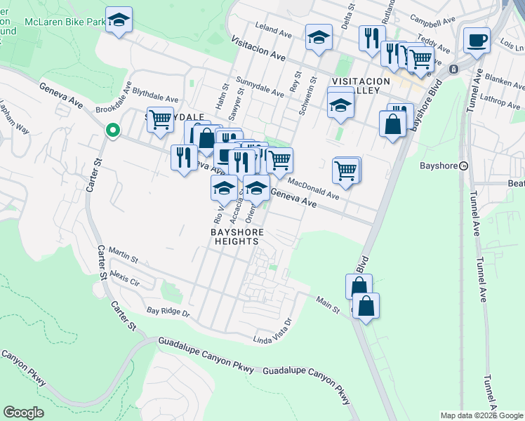 map of restaurants, bars, coffee shops, grocery stores, and more near 718 Schwerin Street in Daly City