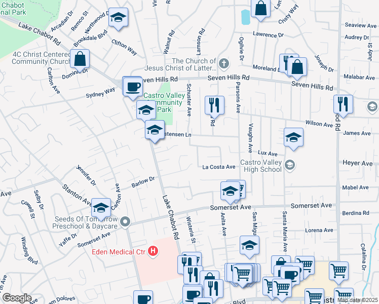 map of restaurants, bars, coffee shops, grocery stores, and more near 19336 Brusk Ct in Castro Valley