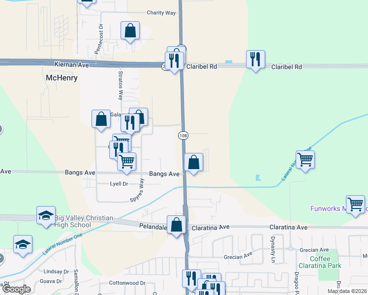map of restaurants, bars, coffee shops, grocery stores, and more near 4513 McHenry Avenue in Modesto