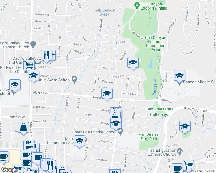 map of restaurants, bars, coffee shops, grocery stores, and more near 4860 James Avenue in Castro Valley
