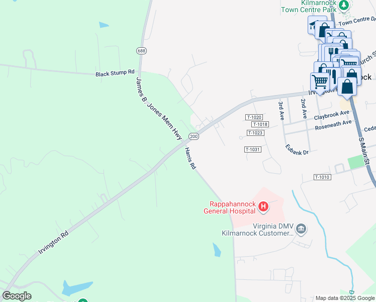 map of restaurants, bars, coffee shops, grocery stores, and more near 1032 Harris Road in Kilmarnock