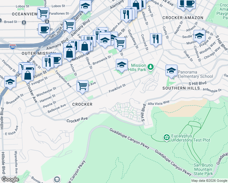map of restaurants, bars, coffee shops, grocery stores, and more near 227 Frankfort Street in Daly City