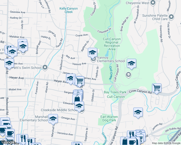 map of restaurants, bars, coffee shops, grocery stores, and more near 19061 Gliddon Street in Castro Valley