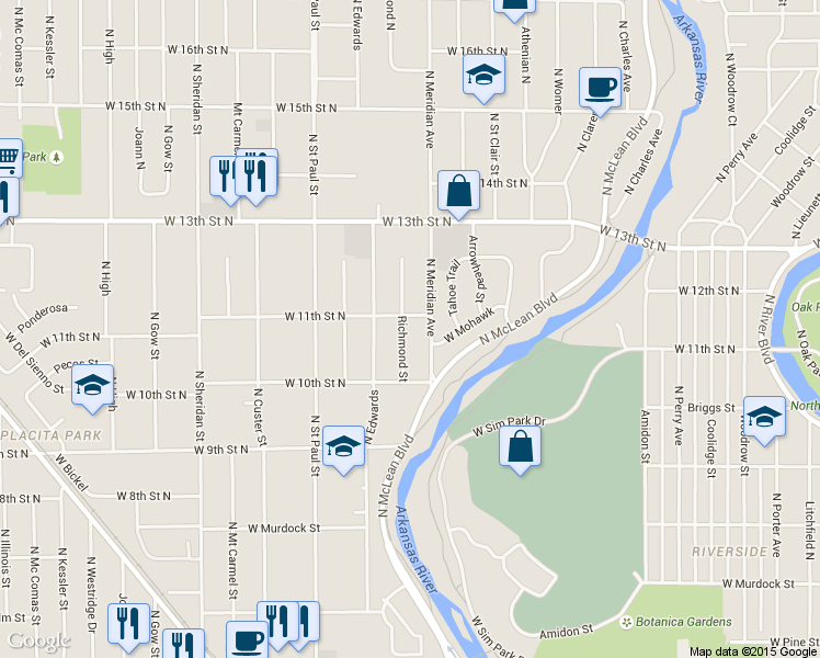 map of restaurants, bars, coffee shops, grocery stores, and more near 1162 Richmond Street in Wichita