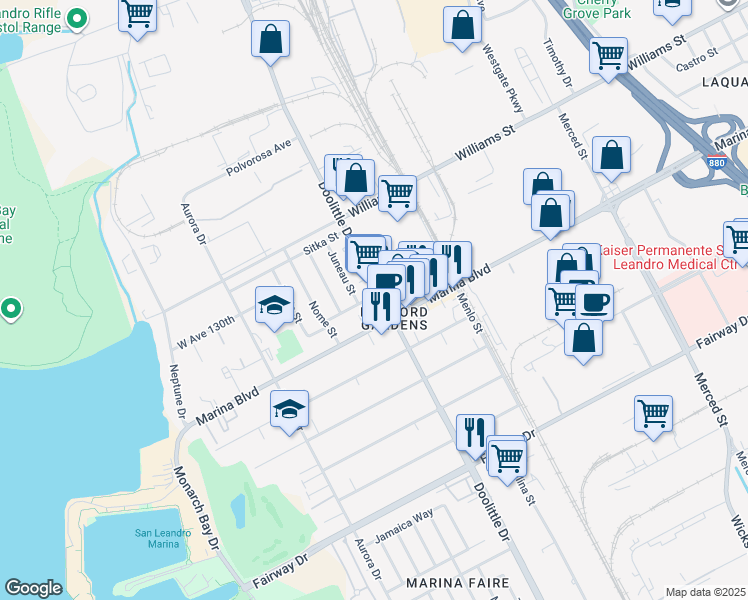 map of restaurants, bars, coffee shops, grocery stores, and more near 2117 Doolittle Drive in San Leandro