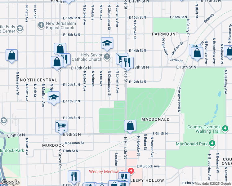 map of restaurants, bars, coffee shops, grocery stores, and more near 1225 North Lorraine Avenue in Wichita