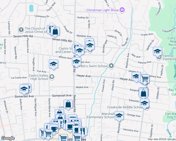 map of restaurants, bars, coffee shops, grocery stores, and more near 19298 Holland Place in Castro Valley