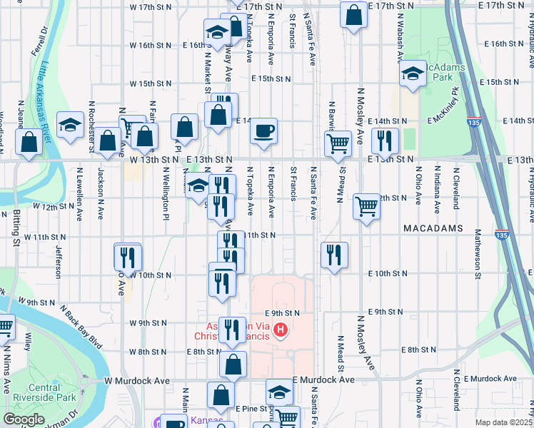 map of restaurants, bars, coffee shops, grocery stores, and more near 1235 North Emporia Avenue in Wichita