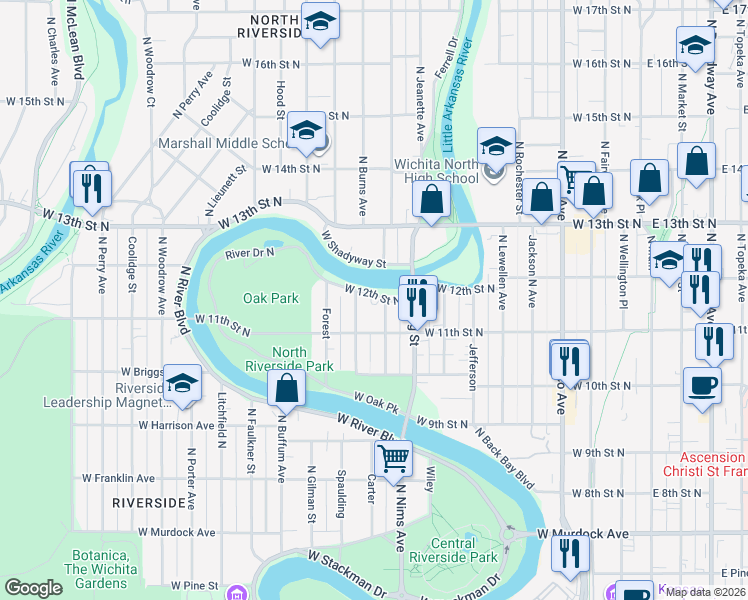 map of restaurants, bars, coffee shops, grocery stores, and more near 919 West 12th Street North in Wichita