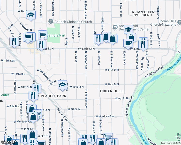 map of restaurants, bars, coffee shops, grocery stores, and more near 1148 North Sheridan Street in Wichita