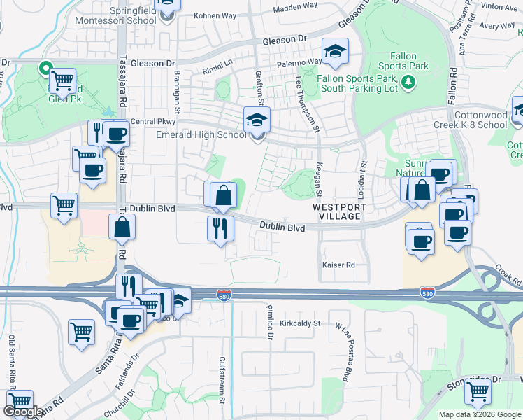 map of restaurants, bars, coffee shops, grocery stores, and more near 3465 Dublin Boulevard in Dublin