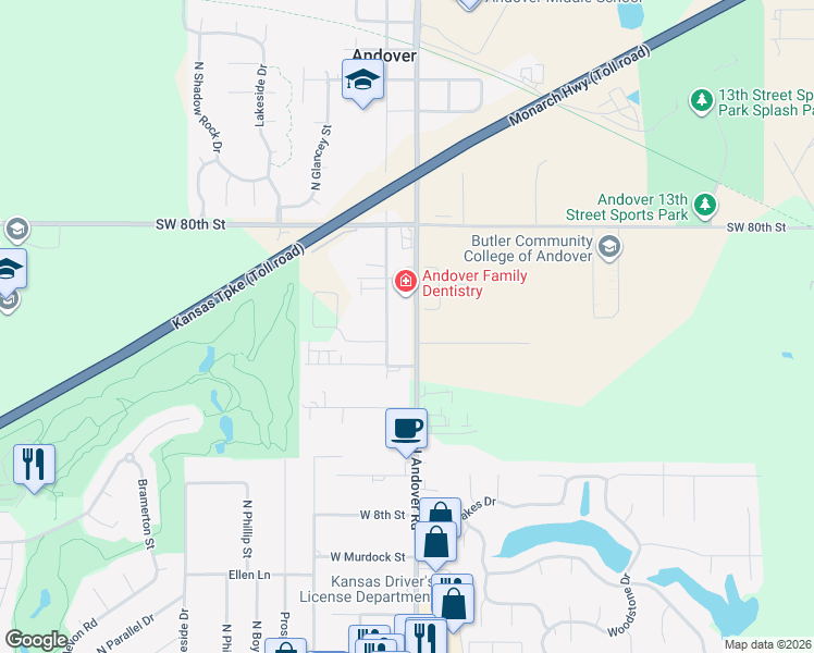 map of restaurants, bars, coffee shops, grocery stores, and more near 1115 North Andover Road in Andover