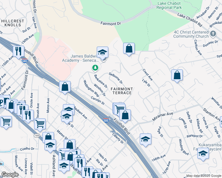 map of restaurants, bars, coffee shops, grocery stores, and more near 16108 Berkshire Drive in San Leandro