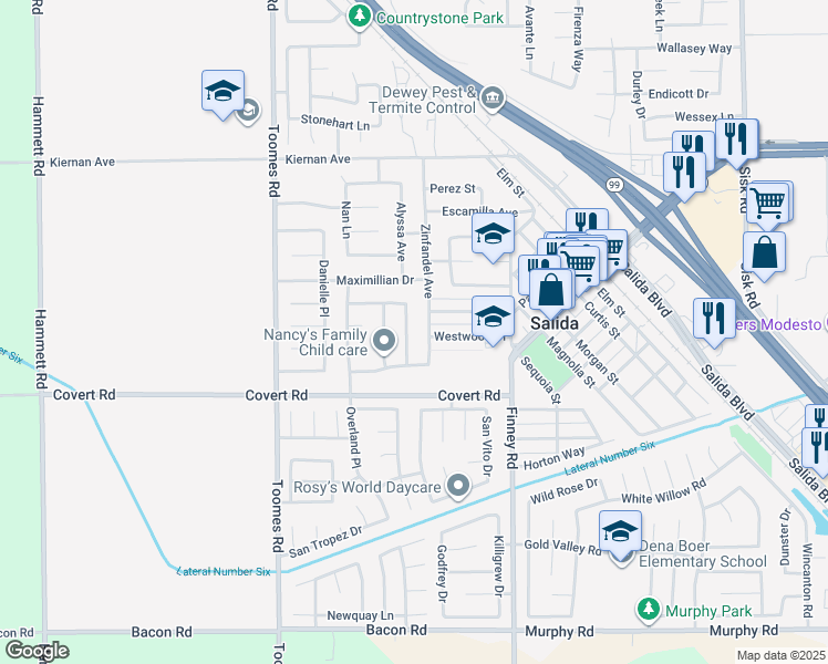 map of restaurants, bars, coffee shops, grocery stores, and more near 4520 Fallbrook Place in Salida