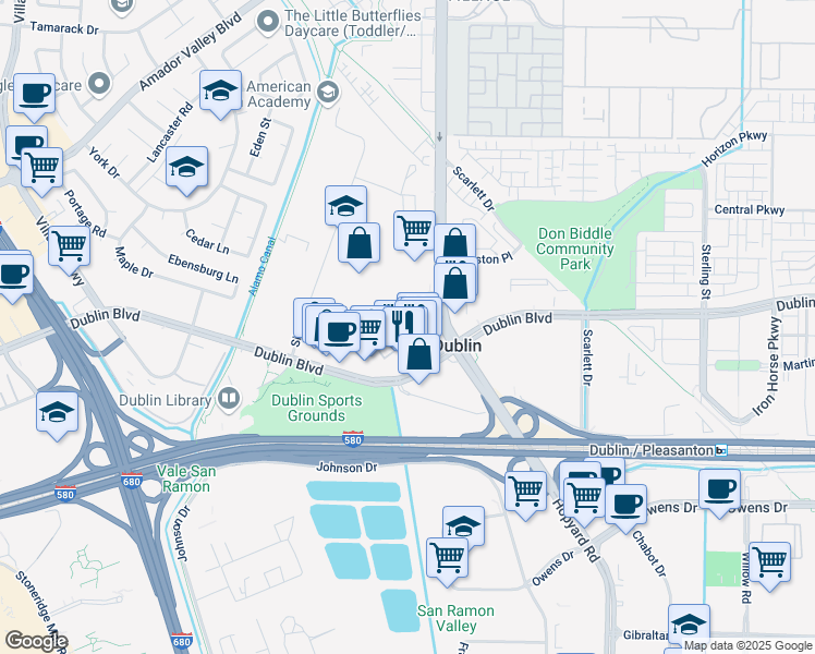 map of restaurants, bars, coffee shops, grocery stores, and more near 6566 Sierra Lane in Dublin