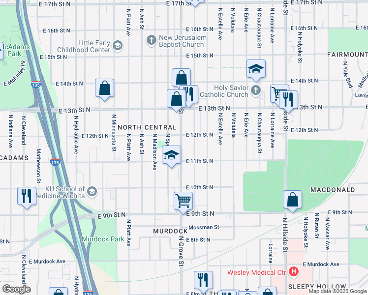 map of restaurants, bars, coffee shops, grocery stores, and more near 1230 North Grove Street in Wichita