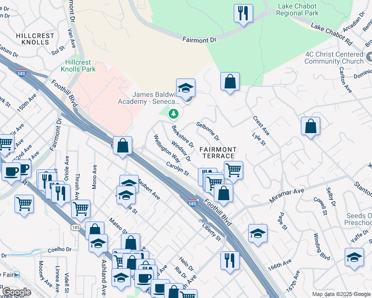 map of restaurants, bars, coffee shops, grocery stores, and more near 16048 Windsor Drive in San Leandro