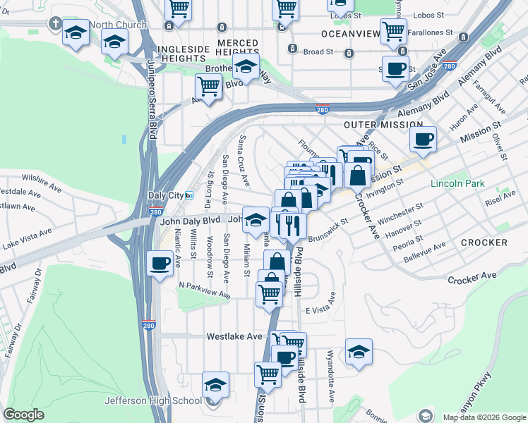 map of restaurants, bars, coffee shops, grocery stores, and more near 100 Los Banos Avenue in Daly City