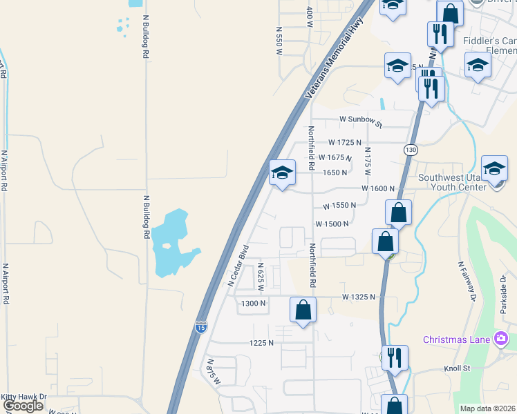 map of restaurants, bars, coffee shops, grocery stores, and more near 1531 North Cedar Boulevard in Cedar City